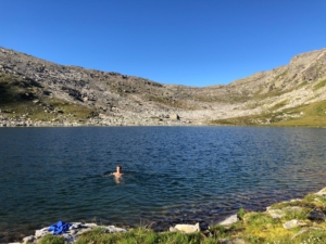 Swimming in a cold mountain lake